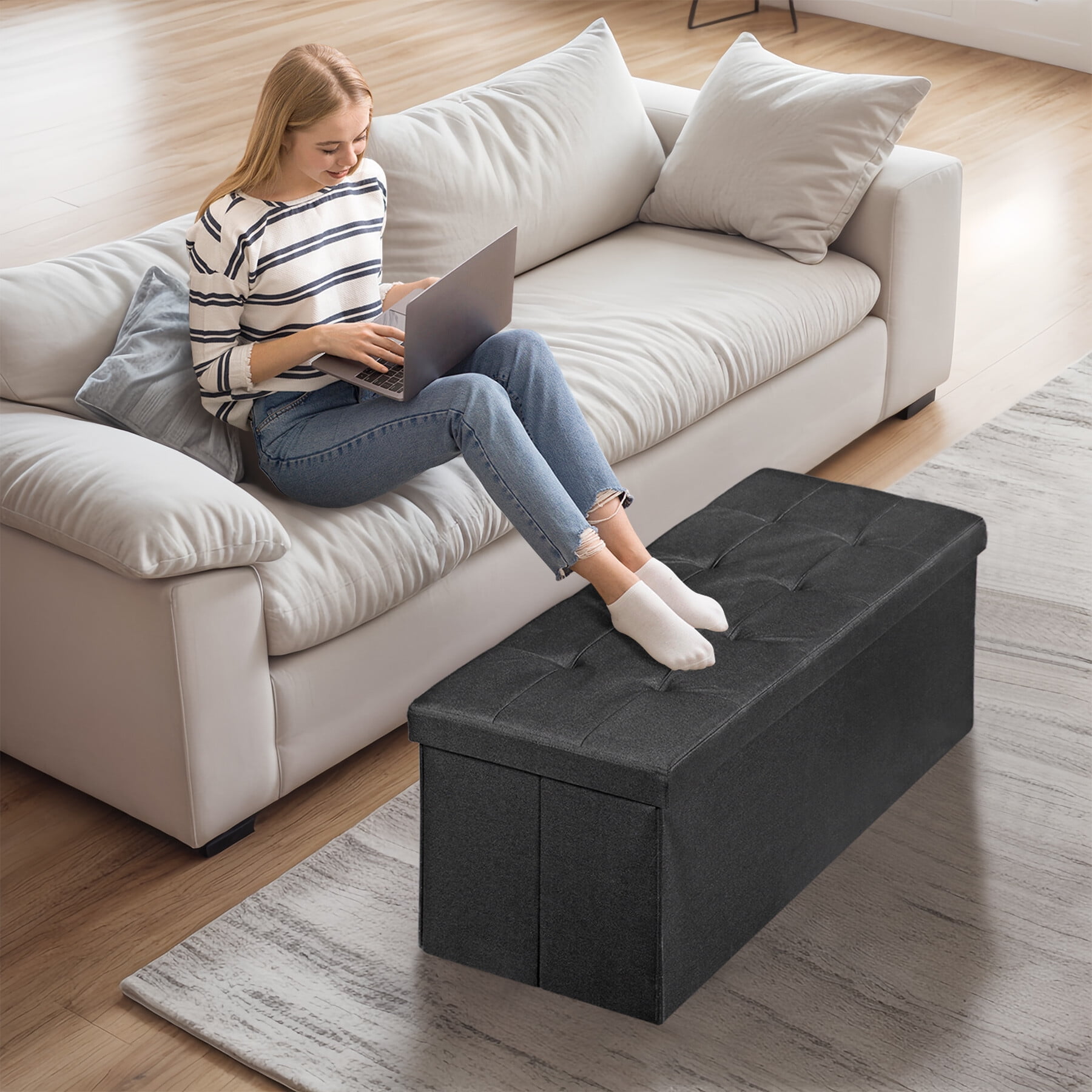 HomGarden 43'' Linen Storage Ottoman Bench, Foldable Footrest Stool W/ Divider, Black