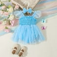 thumbnail image 2 of Wdgfv Girls' Rainy Day Romper Girls Fly Sleeveless Romper Outfits with Mesh Skirts Bowknot Headbands Cute Prints Summer Blue 0-3 Months, 2 of 9