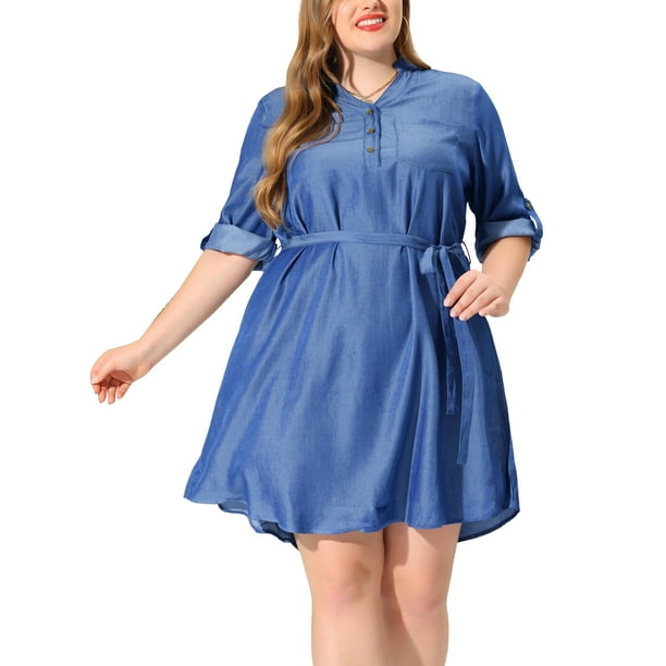 Vestido de mujer de talgrande con mangas enrollables por encide rodilla, informal, con cinturón, vestido camisero de mezclilAzul vaquero XL
