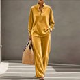 thumbnail image 2 of Szluipve Women Velvet 2 Piece Outfits Stand Collar Henley Button Long Sleeve Top & Elastic Waist Wide Leg Pants Casual Loungewear Matching Set Yellow XL, 2 of 6