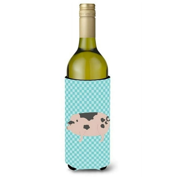 Gloucester Old Spot Pig Blue Check Wine Bottle Beverge Insulator Hugger
