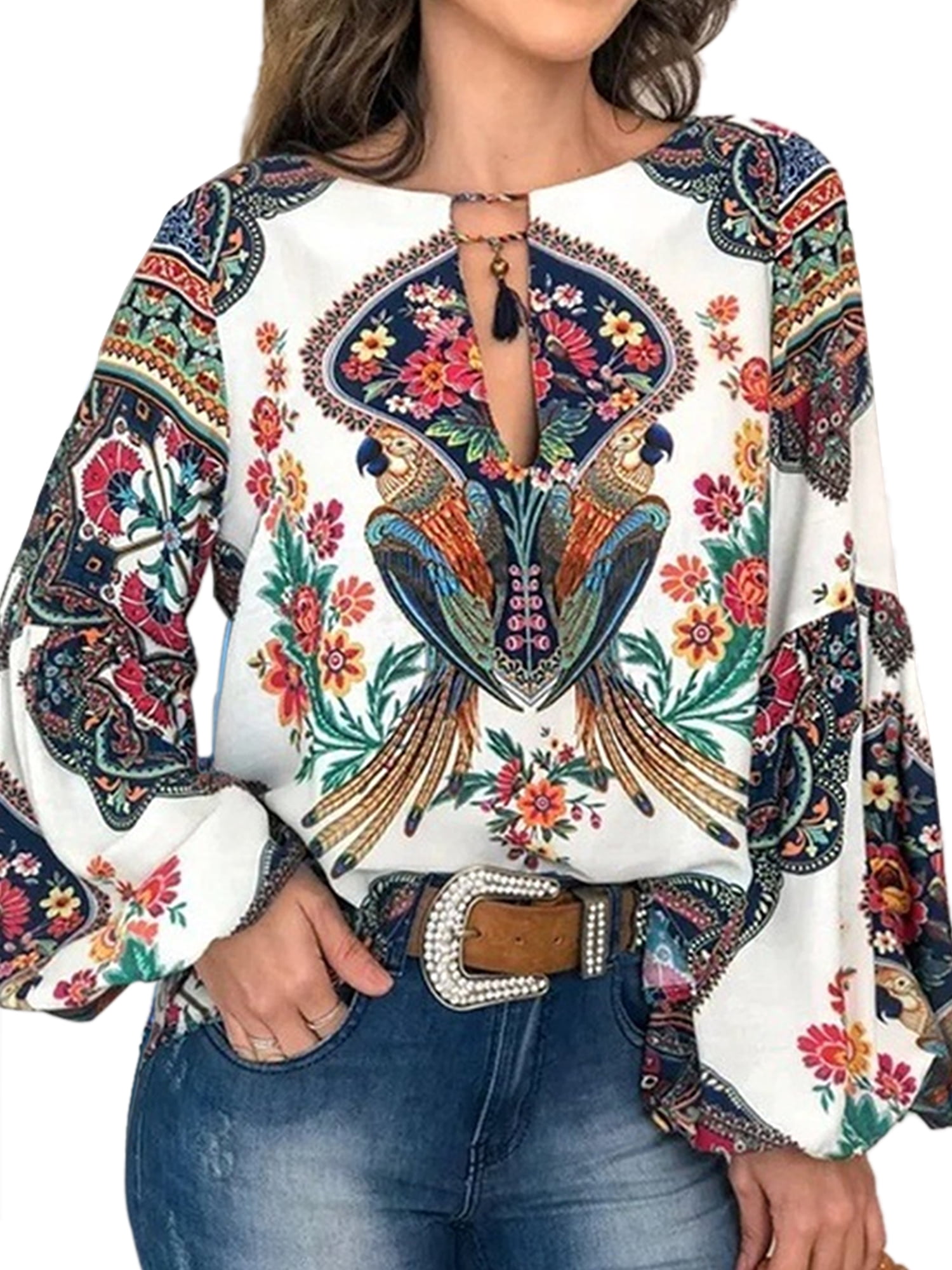 Women Boho Lantern Long Sleeve Loose Tops Ladies Hippie Gypsy Tunic Blouse Shirt