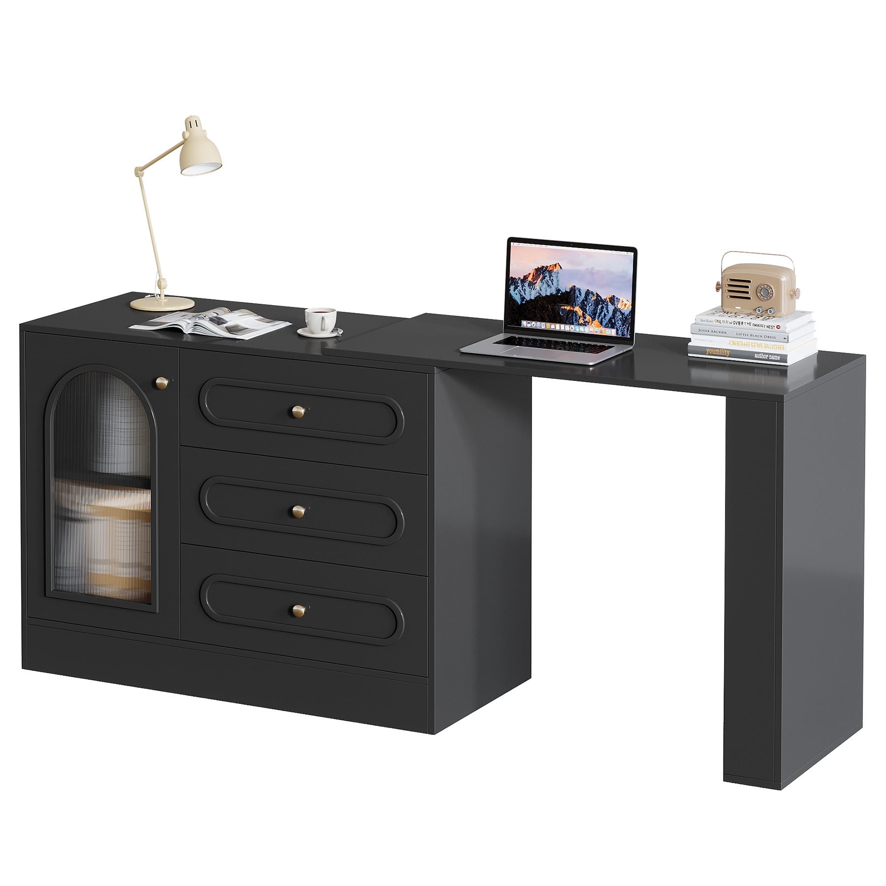Fnova Rotatable L-Shaped Computer Desk with 3 Drawers, Cabinet, Reversible Corner Design with Adjustable Shelves, Home Office Workstation Writing Table for Bedroom