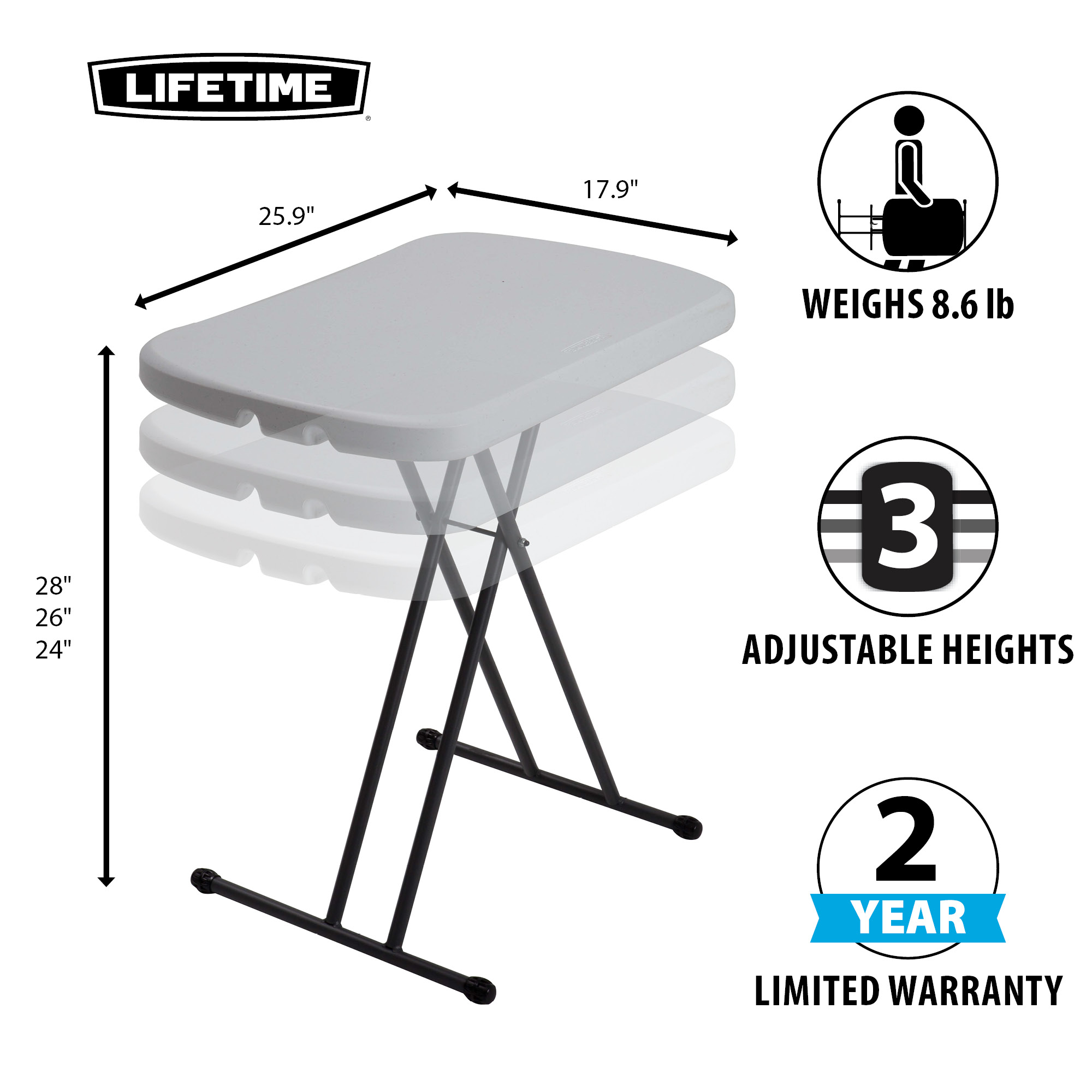 Lifetime 26 inch Rectangle Personal Table, Indoor/Outdoor Light Commercial Grade, White Granite (80251) - image 3 of 23