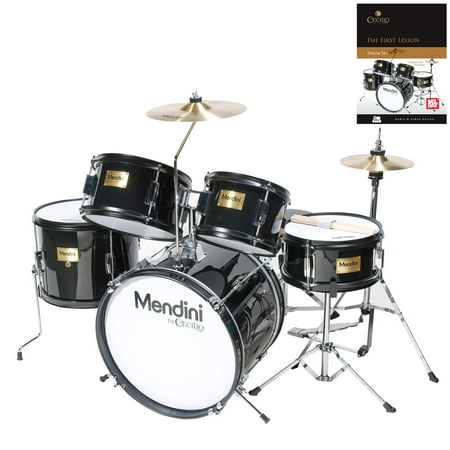 Mendini by Cecilio 16" 5-Piece Complete Kids / Junior Drum Set with Adjustable Throne, Cymbal, Pedal, Drumsticks & Lesson Book, Metallic Black, MJDS-5-BK