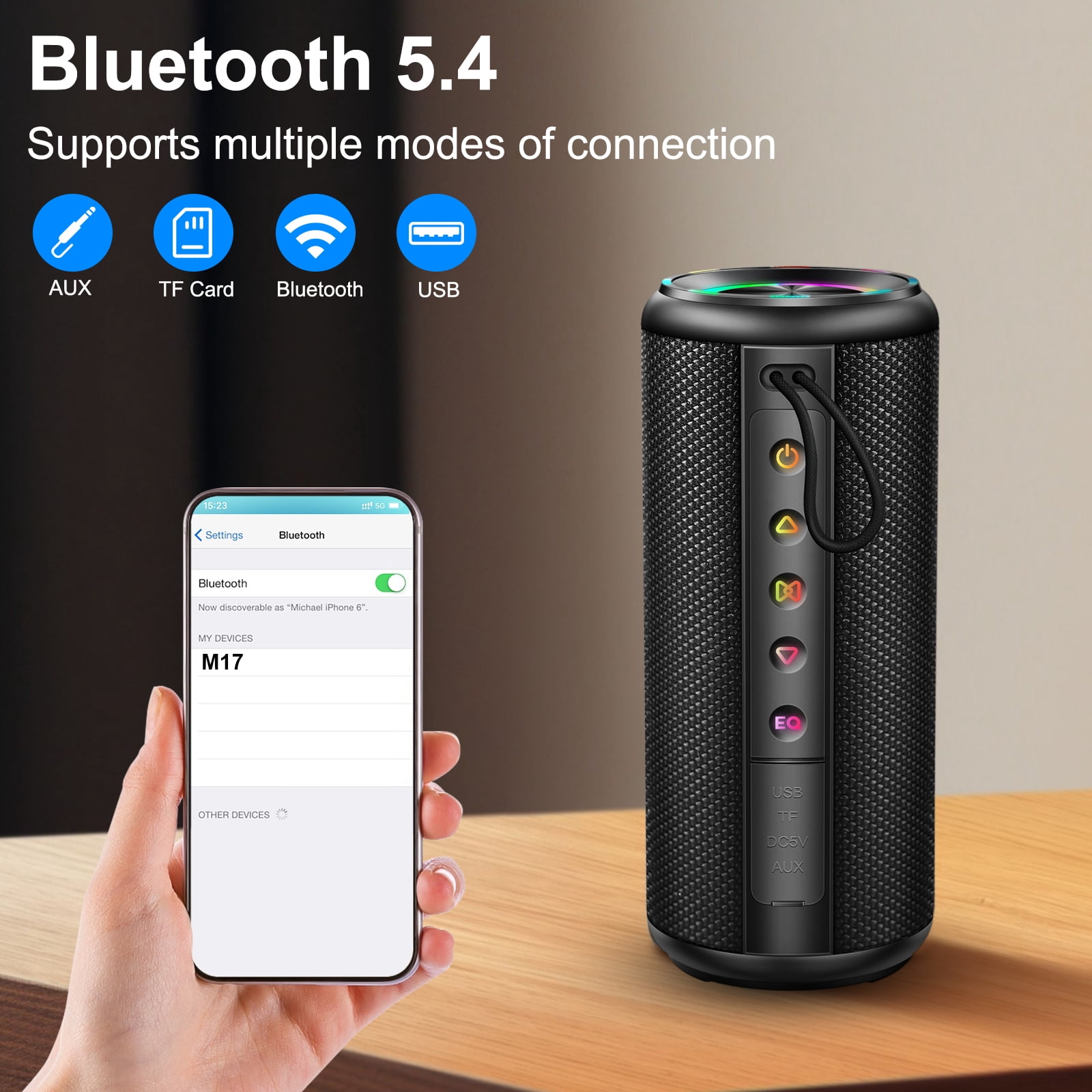 Portable Wireless Bluetooth Speaker, 20W HD Stereo Sound, Bluetooth 5.4, 15H Playtime, IPX7 Waterproof, LED Lights, TWS Pairing, Built-in Mic, Ideal for Outdoor, Party, Home, Beach & Gift (Black)
