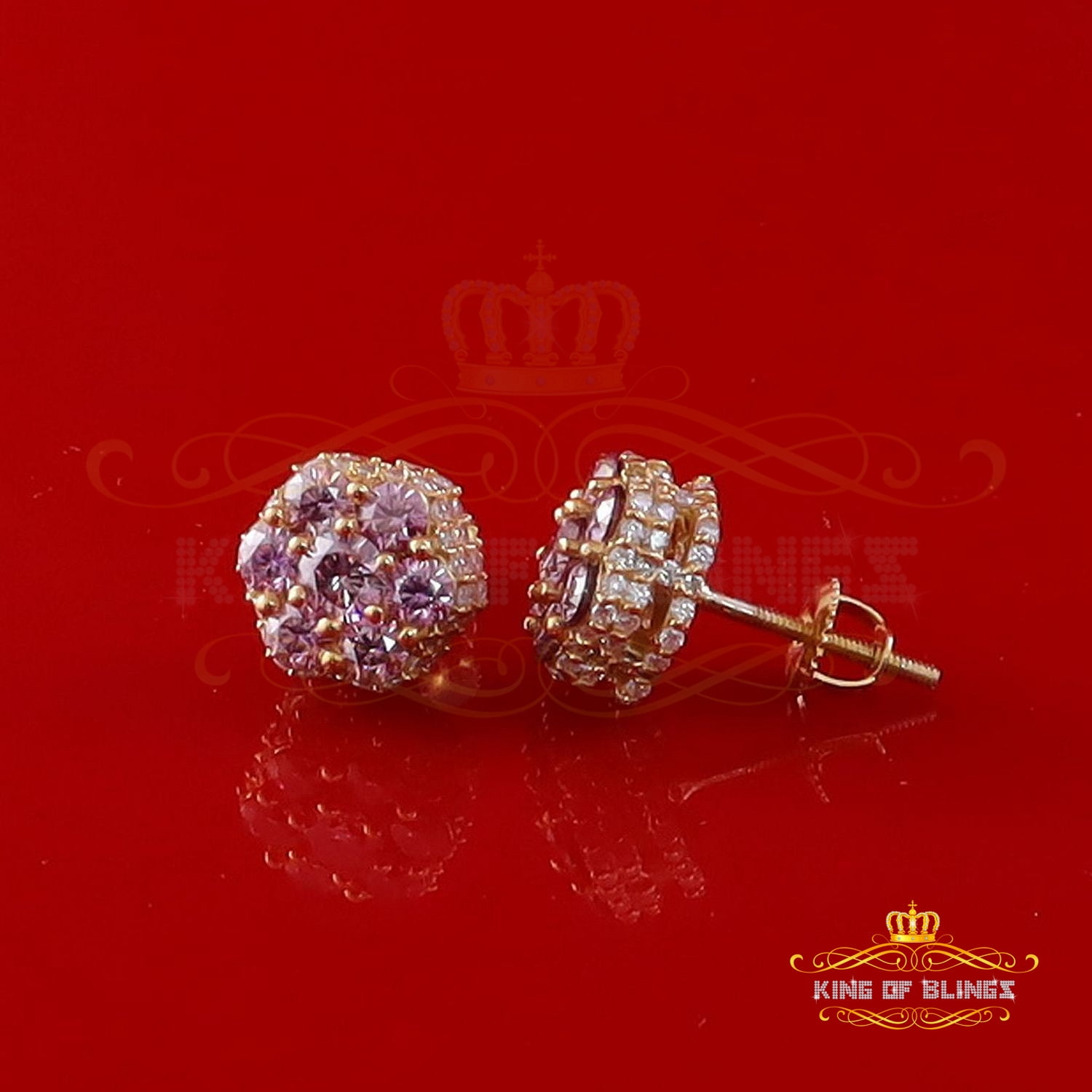 King of Bling's 2.00CT VVS D Pink Moissanite Men's/Women 925 Yellow Silver Floral Stud Earrings