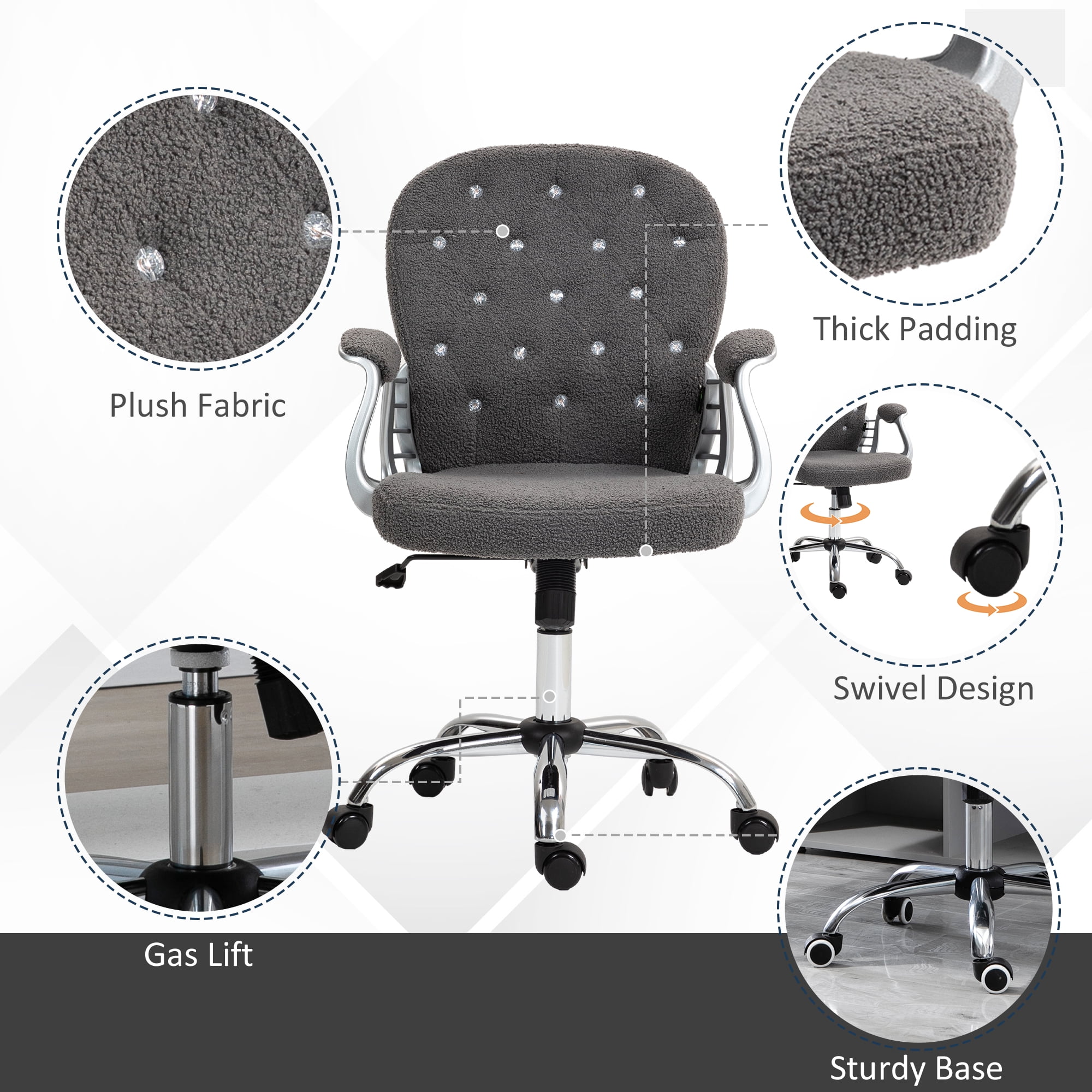 Teddy Fleece Home Office Chair, Button Tufted Desk Chair with Padded Armrests, Adjustable Height and Swivel Wheels, Dark Gray