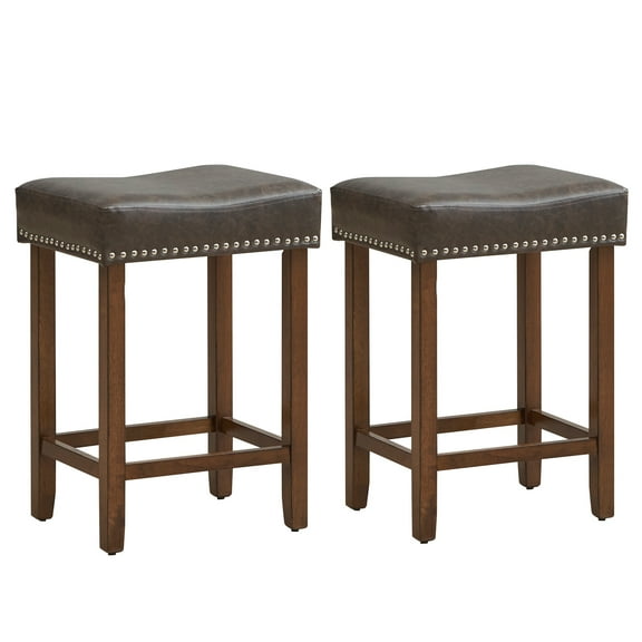 Costway 24" Upholstered Bar Stools Set of 2 with Footrests Rubberwood Frame Saddle-shaped Gray