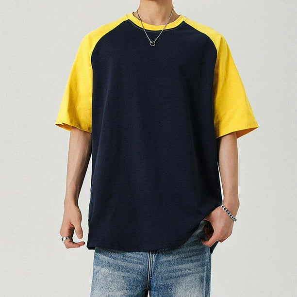 Blusas y camisas de manga corta y cuello redondo para hombre, blusas casuales de bloque de color con mangas raglán y cuello redondo conciso para hombre.