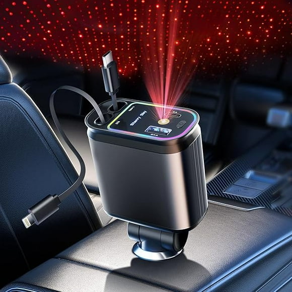 YJJSKEJI Retractable Car Charger with Starlight, 66W Starlight in Car roof 4 in 1 Retractable Car Phone Charger Adapter, Fast Charging USB C Cable, Compatible with iPhone 16/15/14/13/12/,Pixel