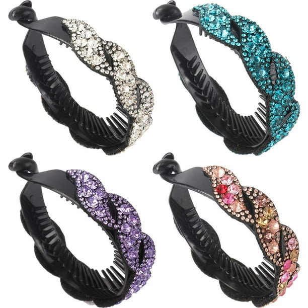 4 Pack Large Rhinestone Gem Jeweled Glitter Sparkly Leaf Plastic Banana Hair  Claws Clips Clutcher Jaw Barrettes Grips Clamps Ponytail Bun Chignon Twist  Holder Thick Hair Up Accessories for Women Girl -