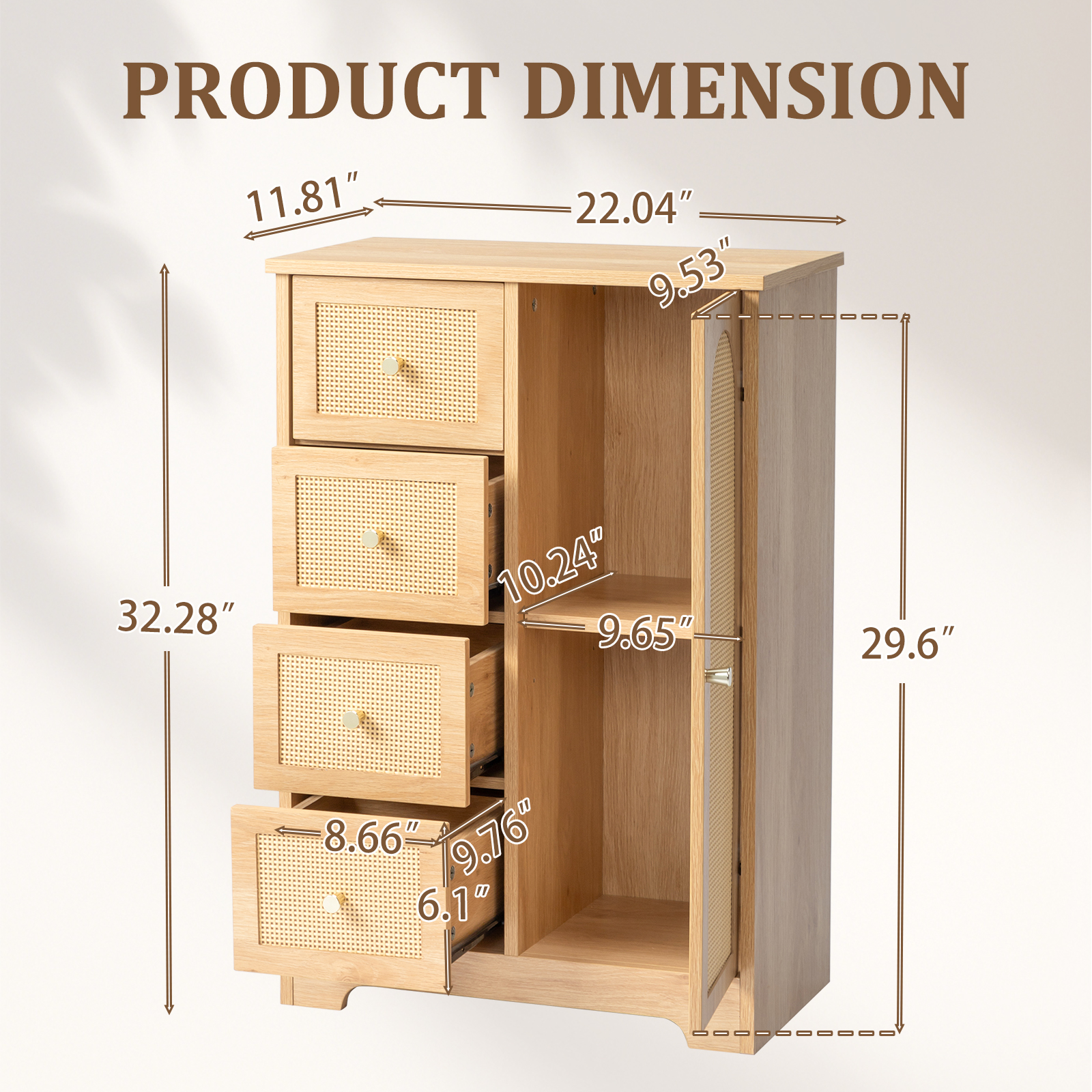 Ktaxon Wooden Bathroom Floor Cabinet, Side Storage Organizer with 4 Drawers, 1 Cupboard & 2-Shelves, Rattan