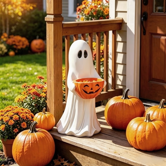 VAIFTILNO Halloween Decorations, 13.7in Outdoor Safe Ghost Figurine with Pumpkin Candy Bowl for Front Door, Porch, Outdoor Indoor Decor