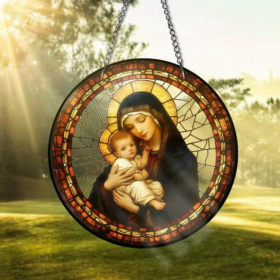 Virgin Mary & Child Stained Glass Sun Catcher Ã¢â‚¬â€œ Religious Window Hanging Ã¢â‚¬â€œ Catholic Christian Decor - Religious Home Decor