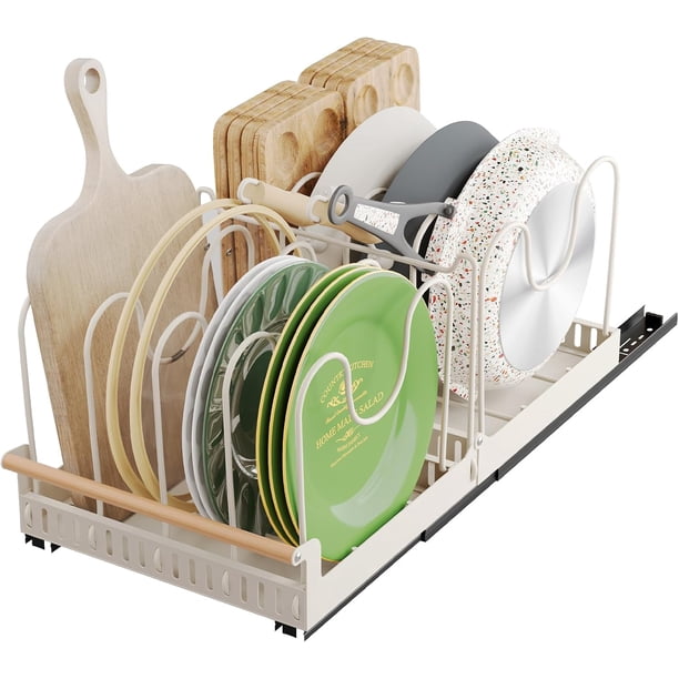 Organizador de Sartenes y Ollas para Cajon, Metal Organizador de Sartenes, 8 Compartimentos Ajustables, Corredero para Sartenes y Ollas con Adhesivo, Organizacion Hogar/Cocina, Blanco