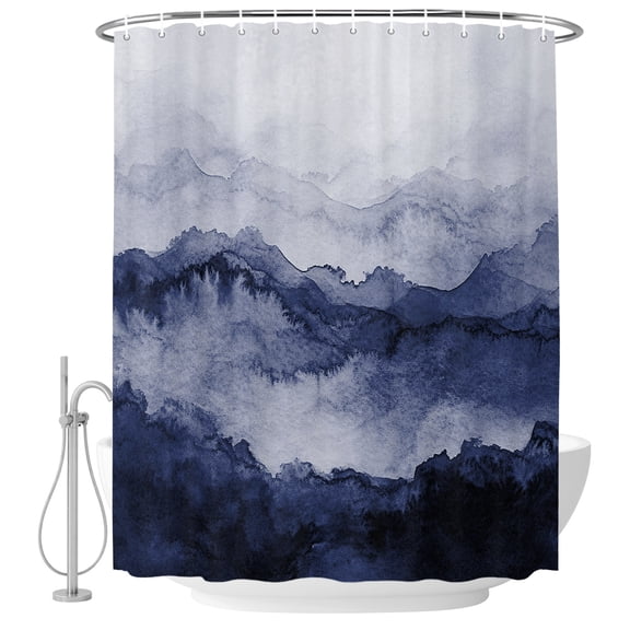 Mountain Fabric Shower Curtain Watercolor Navy Blue Washable Shower Curtains for Bathroom, Waterproof Bath Curtain with Hooks Home Decor 72x84in