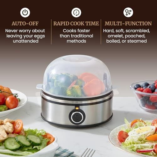 EGC855SS Easy Egg Cooker, 7-Egg Capacity, Soft, Medium, Hard-Boiled, Omelets, Poached Eggs, Plays Melody when Done, Auto Shut-Off, Measuring Cup, Stainless Steel