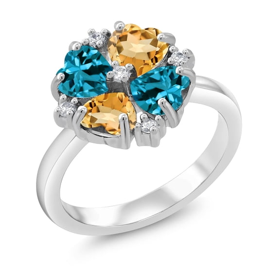 Gem Stone King 925 Sterling Silver London Blue Topaz and Yellow Citrine Ring for Women (2.10 Cttw, Heart Shape 5MM, Gemstone November Birthstone, Size 5)
