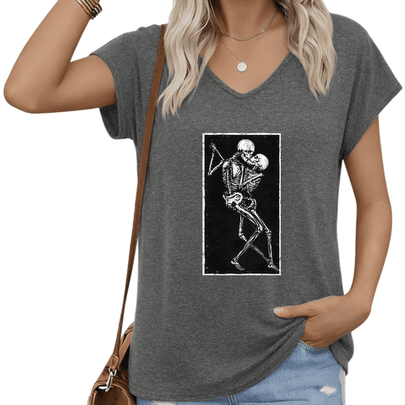 UNISHE Women V Neck Short Sleeve T Shirt Gothic Dancing Skeleton Vintage Retro Graphic Casual Loose Fit Tee S-5XL
