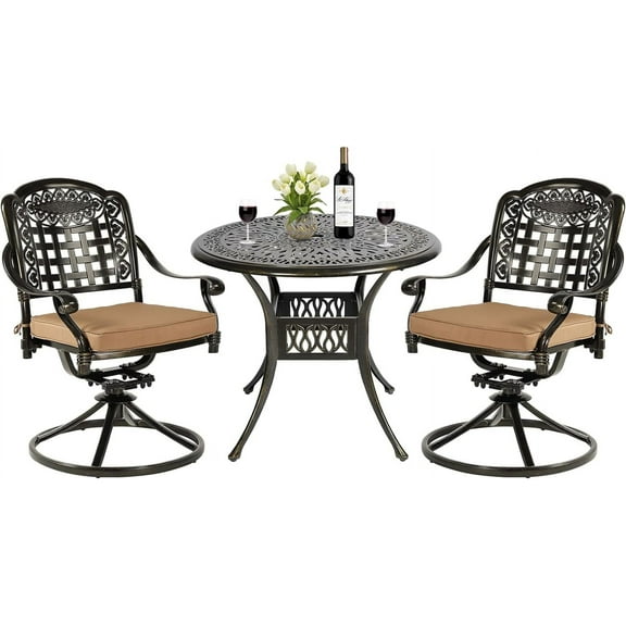 MEETWARM 3-Piece Outdoor Patio Dining Set, All-Weather Cast Aluminum Patio Conversation Set with 2 Cushions Swivel Rocker Chairs and 35.4" Round Table for Backyard Garden Deck, 2.2" Umbrella Hole