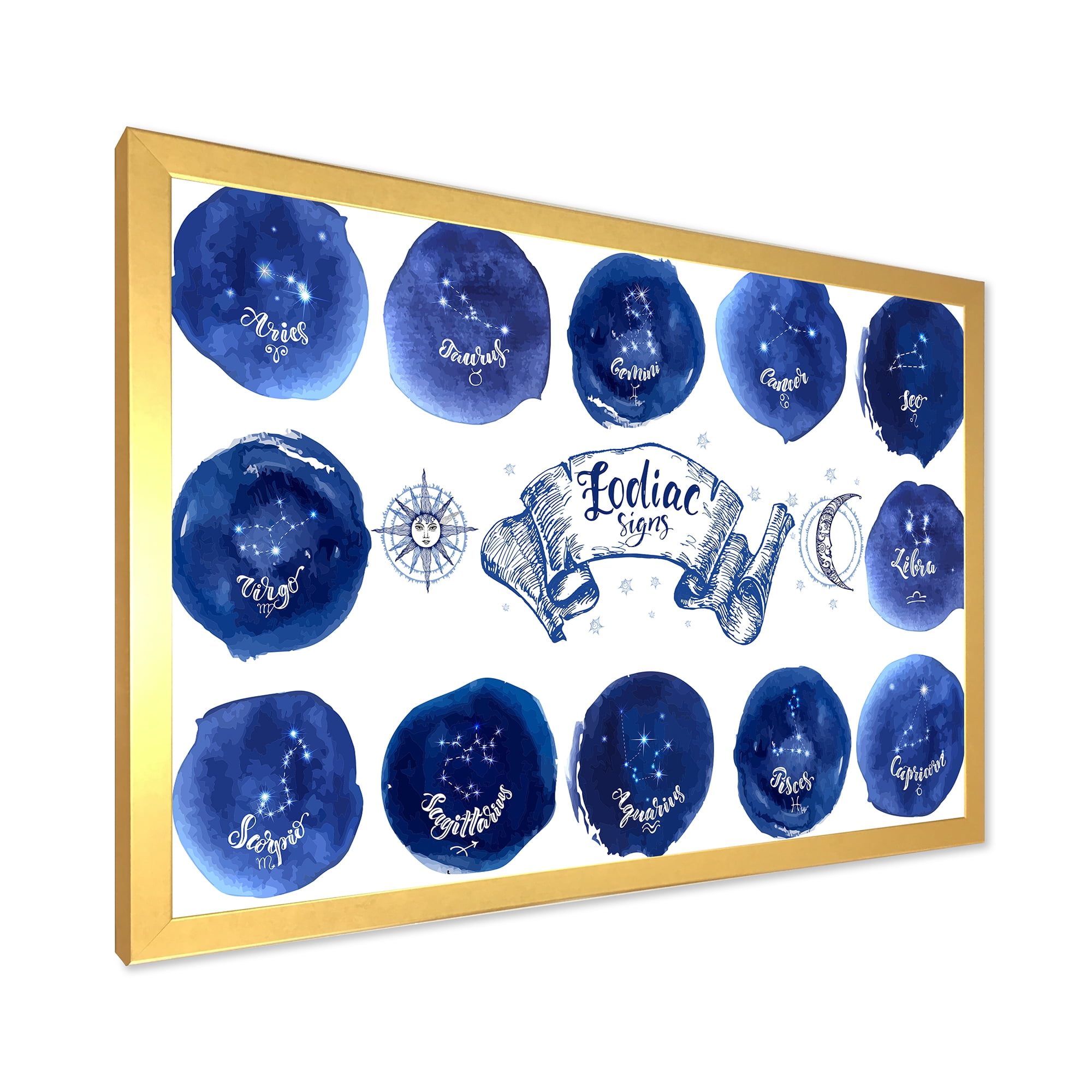 Designart 'Collection of Astrology Signs On Blue Circles' Modern Framed Art Print