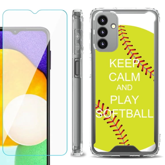Shockproof Bumper Phone Case for Samsung Galaxy A13 5G, with Tempered Glass Screen Protector, by OneToughShield ® - Keep Calm Softball