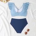 thumbnail image 5 of Women's Pleated Slim Fit V-Neck Color Block Ruffled Two-Piece Swimsuit Sky Blue L, 5 of 8