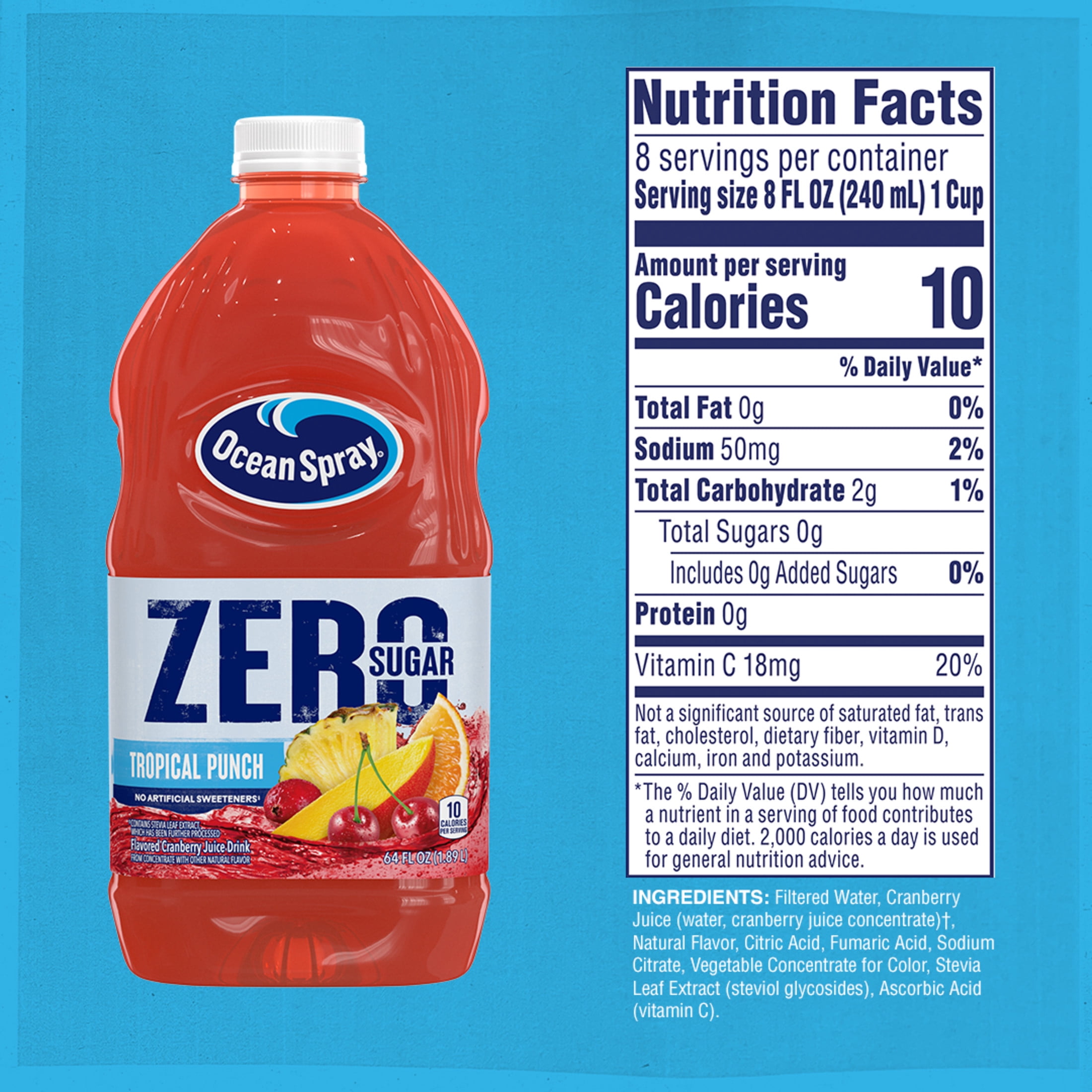 (8 pack) Ocean Spray® ZERO Sugar Tropical Punch Juice Drink, 64 Fl Oz Bottle