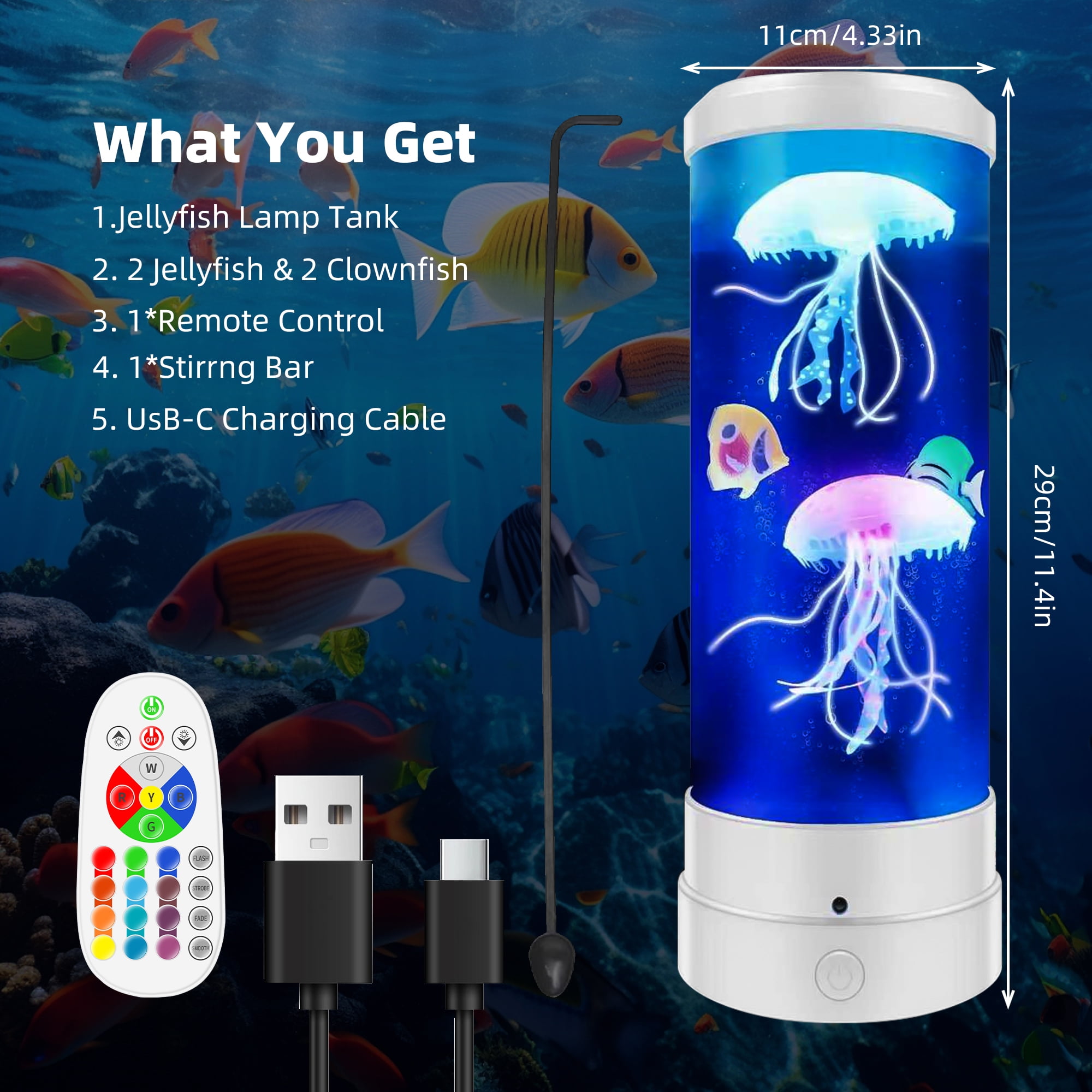 BravSco Jellyfish Table Lamp, 17-Color Changing LED Night Light with Remote Control, 4 Lighting Modes, USB Powered, White, for Teen Bedroom, White