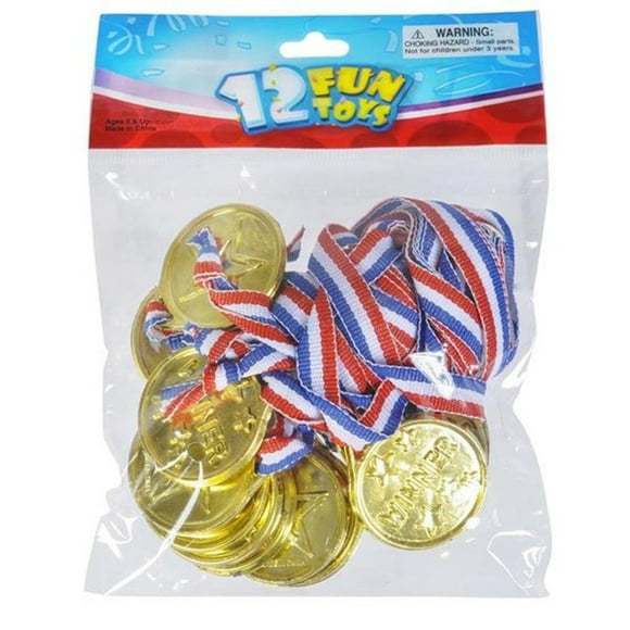 Winner Award Medals 1.5" Wide with Red, White & Blue Stripes Necklace - 12 Pack