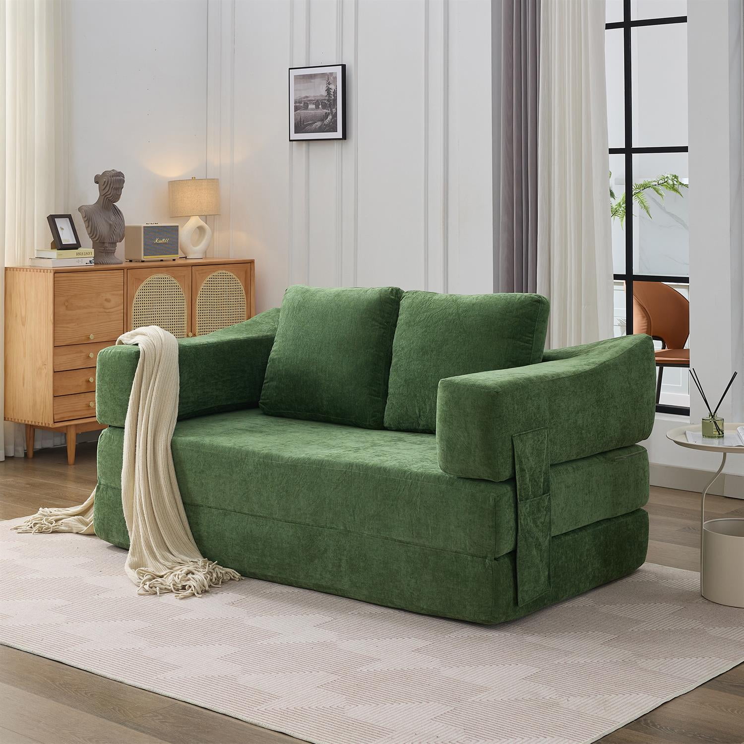 Demi Bonn 70" Modern Minimalist Convertible Sofa Bed, Fold-Out Sofa Chair, Versatile Floor Couch & Mattress for Living Room, Bedroom, Apartment, Removable Backrest, Green