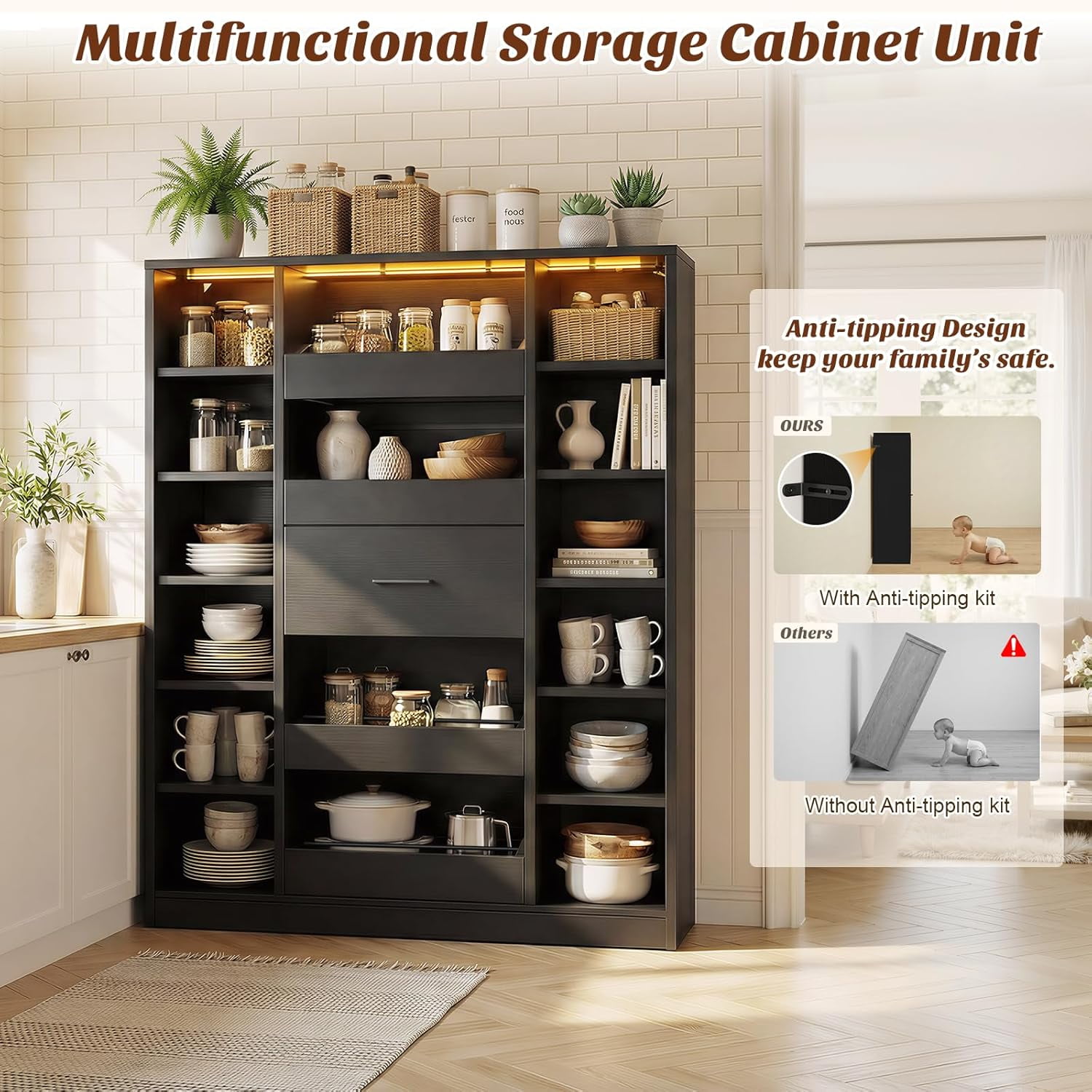 7-Tier Shoe Cabinet with 12 Shelves & 5 Drawers, 40''W Shoe Rack with LED Lights, Holds Up 30+ Pairs of Shoes, Multi-Functional Organizer Cabinet for Entryway/Hallway/Closet, Black