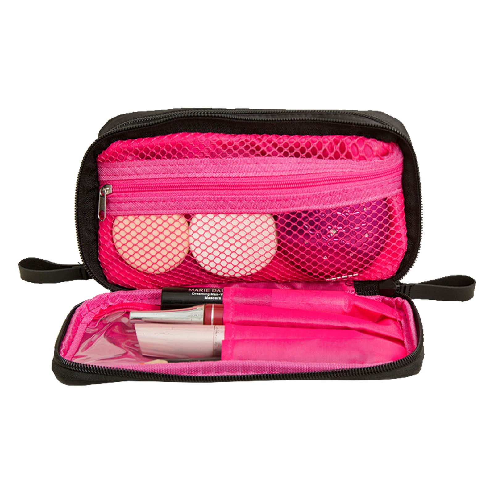 Makeup Bag Double Zipper Closure Black Inner Pink Compartment Design Portable Nylon Cloth Cosmetic Storage Case