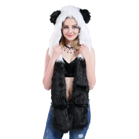 TopTie Animal Hat Hood Scarf with Paws Mittens Gloves for Adults Kids Winter-Panda