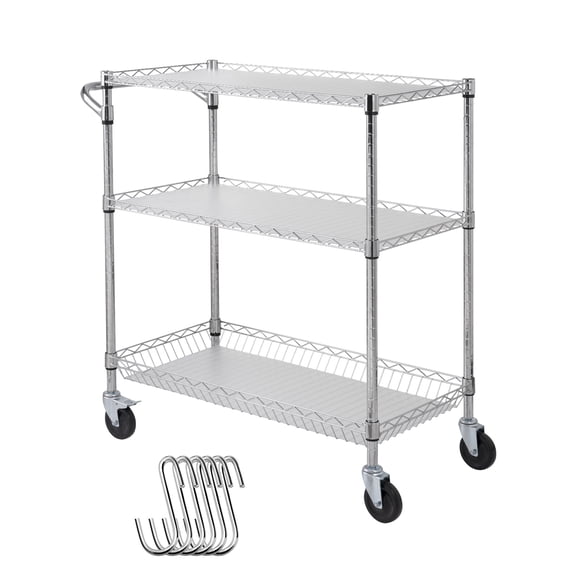 KFFKFF 3-Tier Kitchen Utility Cart, Wire Rolling Cart with 661 lbs Capacity, Steel Service Cart on Wheels, Metal Storage Trolley with Curved Handle, Basket, PP Liner, and 6 Hooks