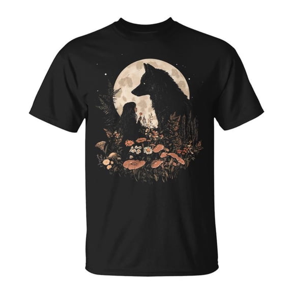 Dark Cottagecore Mushroom Girl And Wolf Goth Aesthetic Women's Unisex T-Shirt, for men & women, up to size 5XL