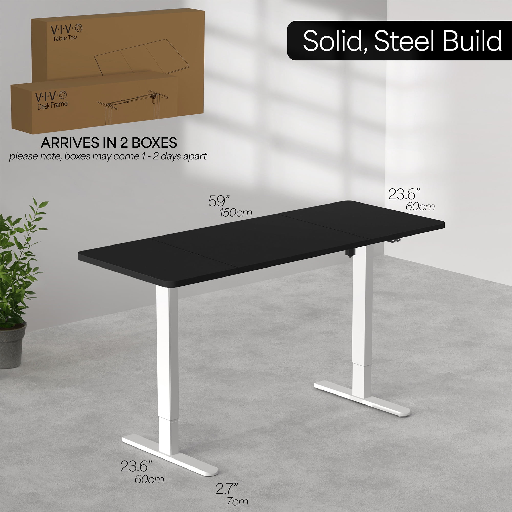 VIVO Electric 60” x 24” Stand Up Desk Workstation | Black Table Top, White Frame