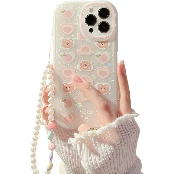 Compatible with iPhone 15 Pro Case with Chain,Cute Aesthetic Love Heart Bear Pattern Case with Pearl Phone Charm for iPhone 15 Pro Women Girl Design,Camera Protective Phone Case