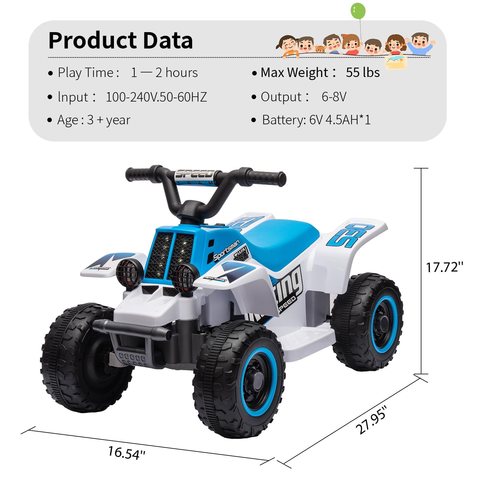 TROPOW Electric Ride On Cars with Remote Control,6V Kids Ride-On ATV – Fun, Safe, and Thrilling Outdoor Adventure Toy,Blue+White