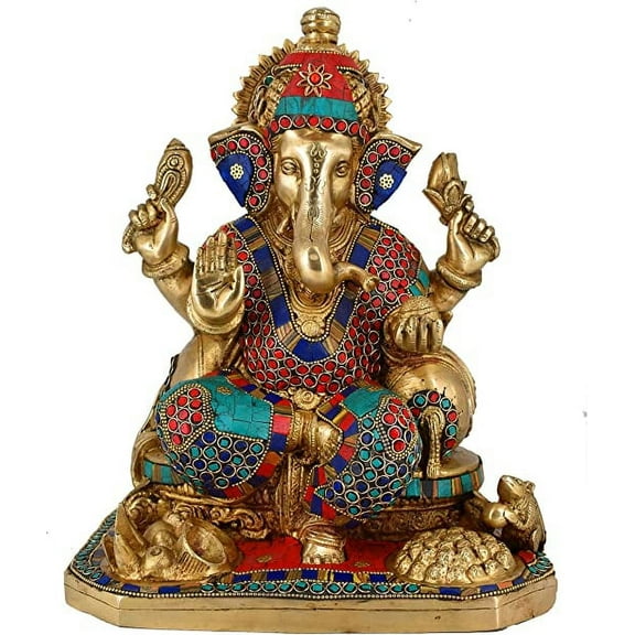White Whale Large Lord Ganesh Murti Ganesha Idol Ganpati Brass Statue with Multicolor Stone Work for Home Decoration Showpiece