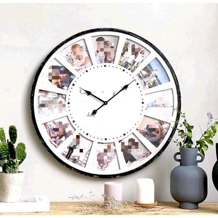 Large Wall Clock with Picture Frames Collage, Vintage Rustic Clock Wall Decor, Big Farmhouse Wall Clock for Home, Kitchen, Living Room, Silent Battery Operated 24 Inch White$$