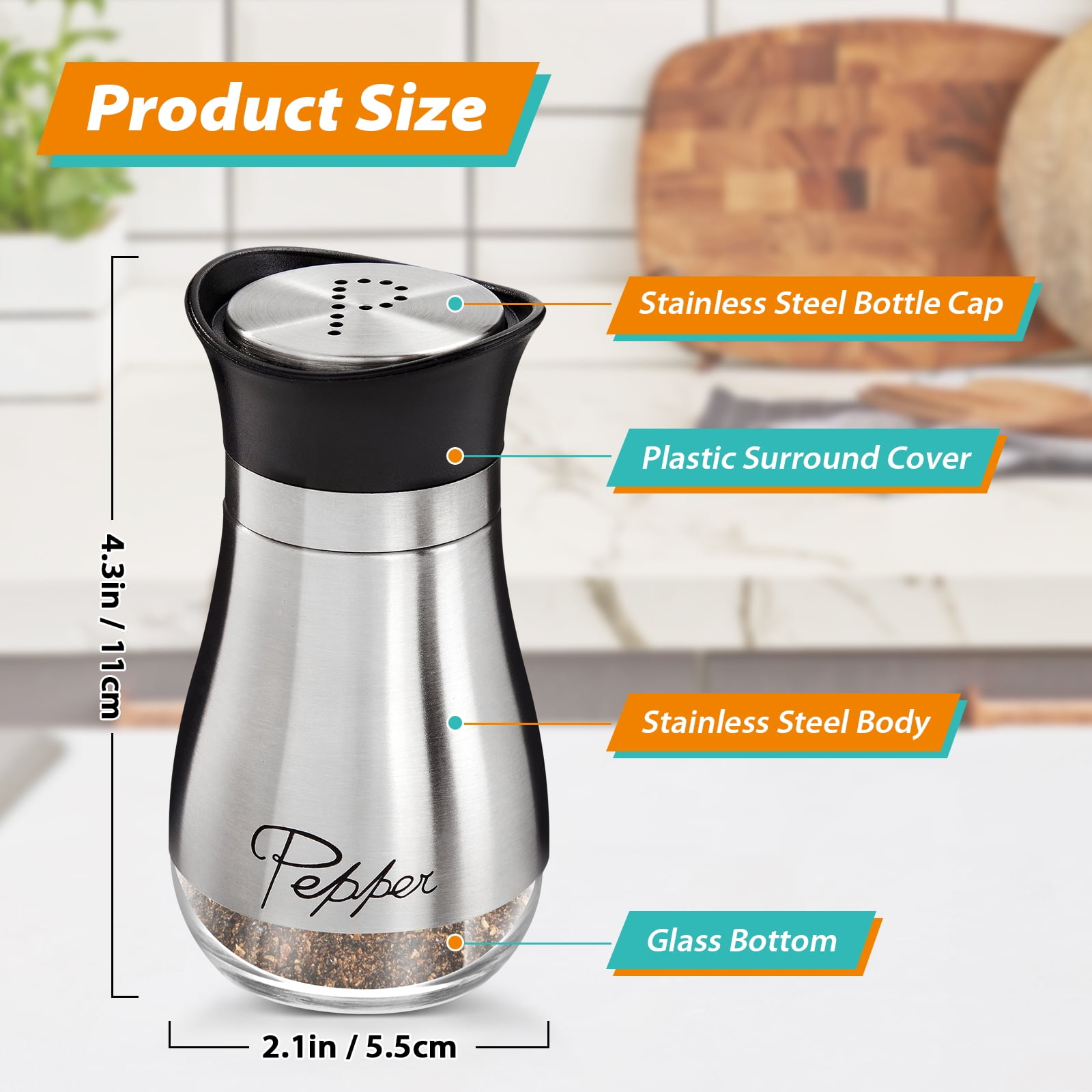 Badiano Salt and Pepper Shakers Set,2 Pack Metal Spice Dispenser,4 oz,Silver