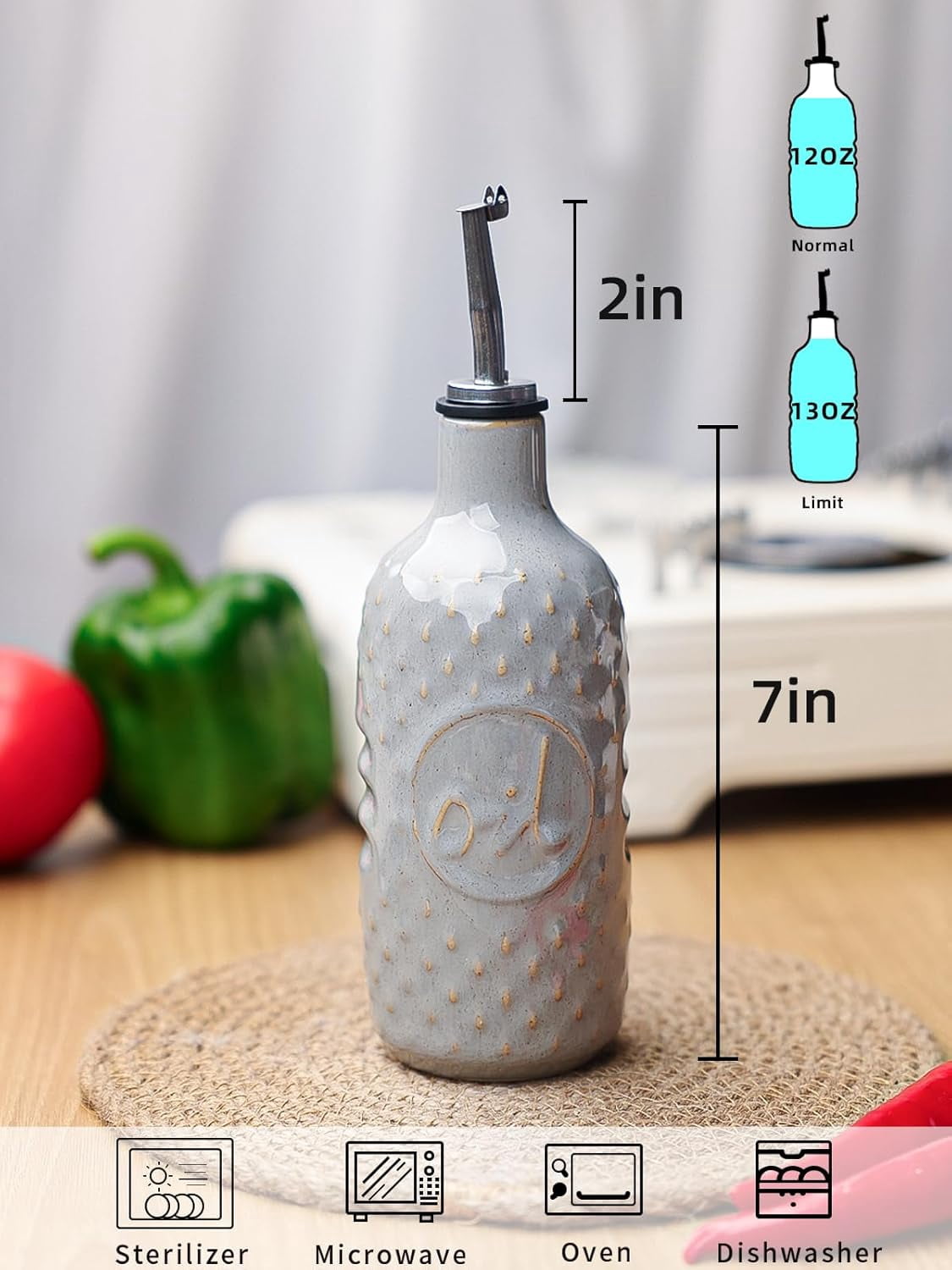 Ceramic Olive Oil Dispenser Bottle, 13 Oz Relief Opaque Oil Cruet, Oil Dispenser for Kitchen Counter, for Storage Oil, Vinegar, Soy Sauce, Coffee Syrup, Liquids (Grey)