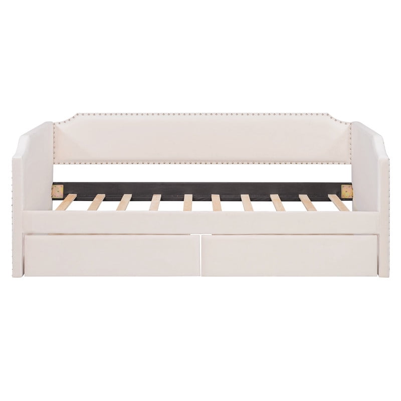 Twin Size Velvet Classic Daybed with 2 Drawers, Upholstered Sofa Bed Frame with Nailhead Trim, Multi-functional Platform Bed