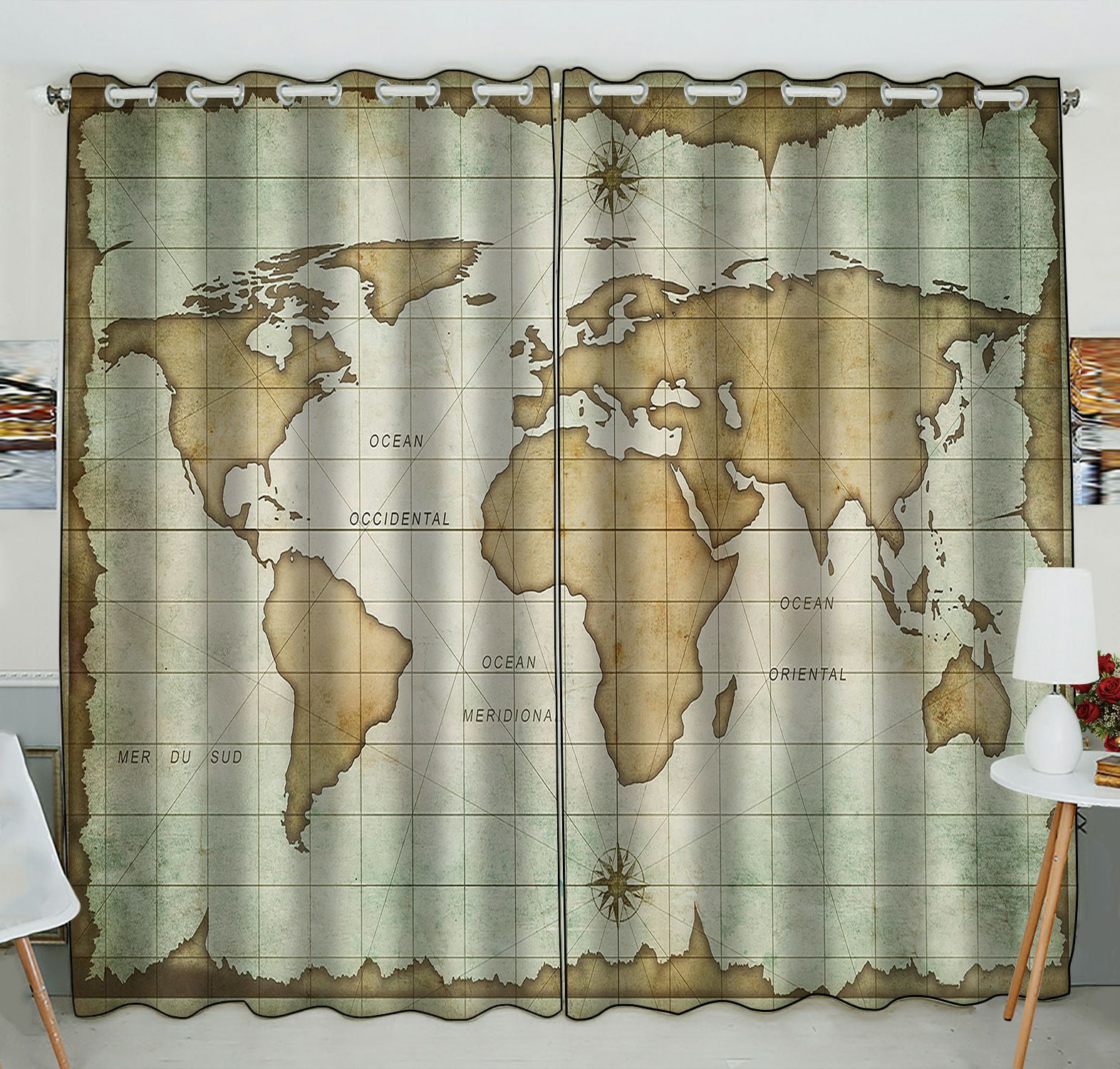 Vintage Map Window Curtain 50% Blackout Curtains Drapes Living Room Home Decor 
