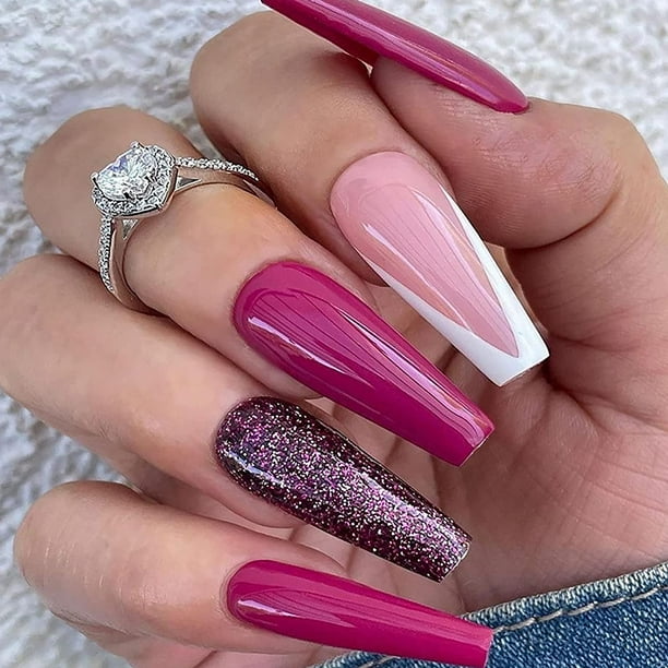 Fake Nails with Glue, Press on Nails Coffin Long Nails, Pink Sequin Glitter Acrylic  Nails Artificial French Tip for Women/Daily/Party, 24PCS/Set(Glitter  Orchid) 