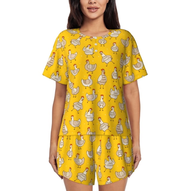 Balery Funny Chicken Conjunto de Pijama para Mujer con Estampado, Dos Piezas de Manga Corta y Shorts, Ropa de Dormir Suave con Cuello Redondo y Bolsillos-3X-Large