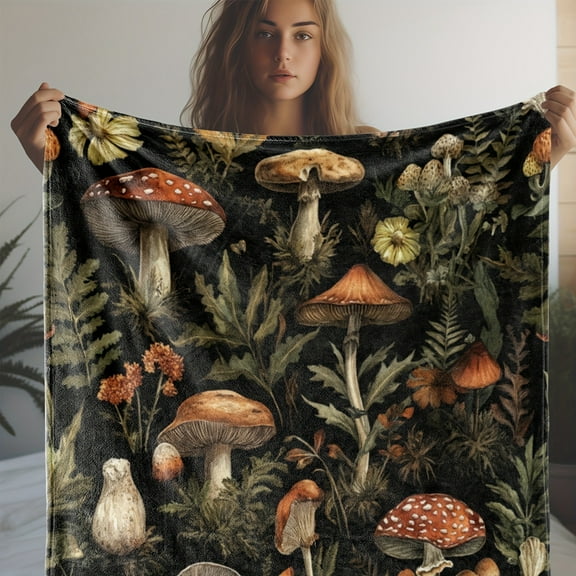 250-300gsm Rustic Country-Style Flannel Throw Blanket Cozy Soft All-Season Multipurpose Knitted Throw with Vintage Mushroom & Foliage Digital Print for Couch Bed Travel and Office