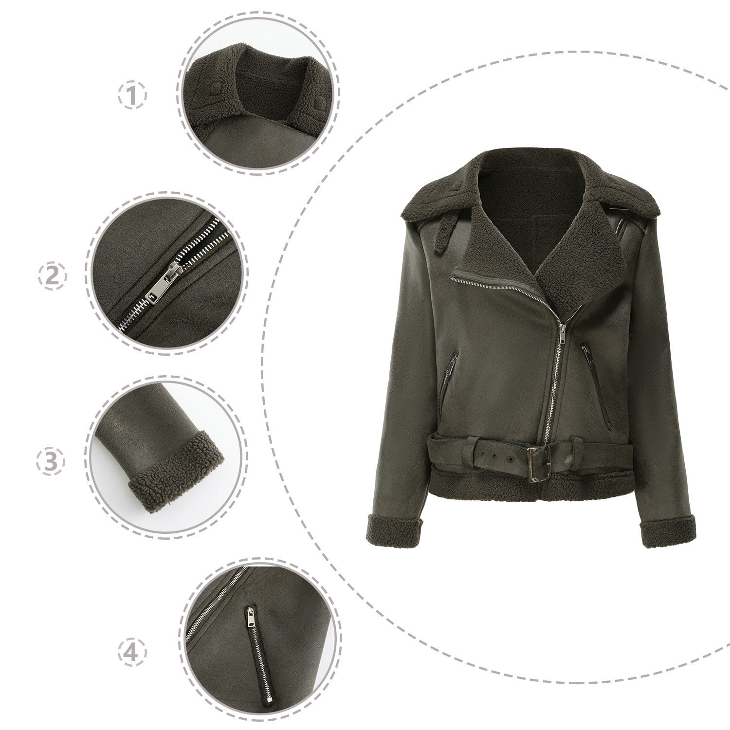 Usmixi Winter Faux Leather Jacket for Women Womens Suede Jacket Plus Size Fashion Side Zip Fuzzy Fleece Coats Casual Solid Pocket Bomber Outwear with Belt Faux Leather Jacket